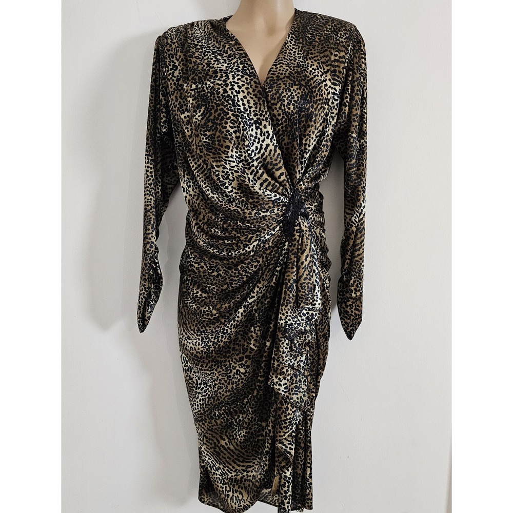 Vtg 80's Silky Leopard Print Wrap Drape Dress Size 4/5 Shoulder Pads